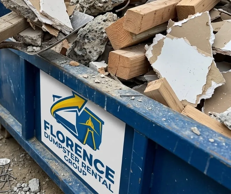 Roll-off container filled with broken concrete, drywall and lumber in Florence, Alabama