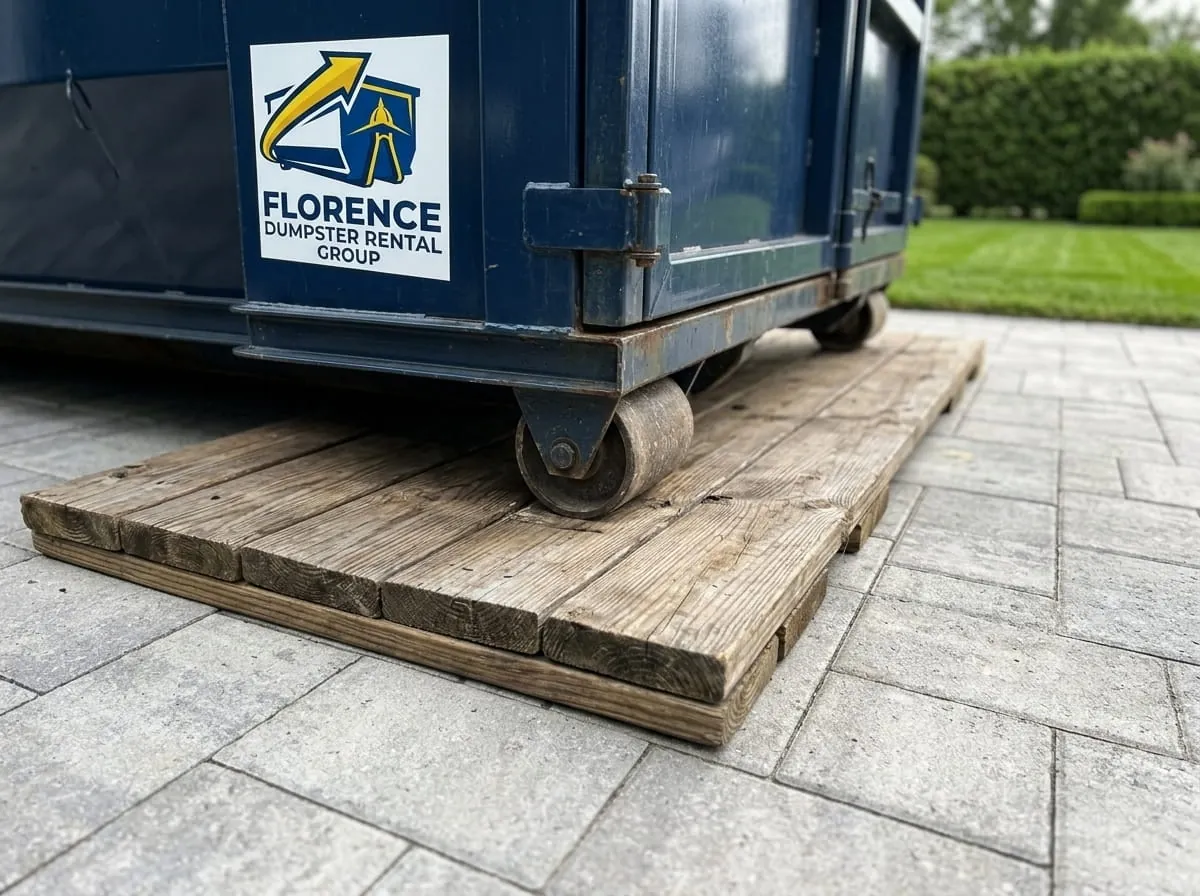 Roll-off dumpster resting on timber protection boards over a paver driveway in Florence, Alabama