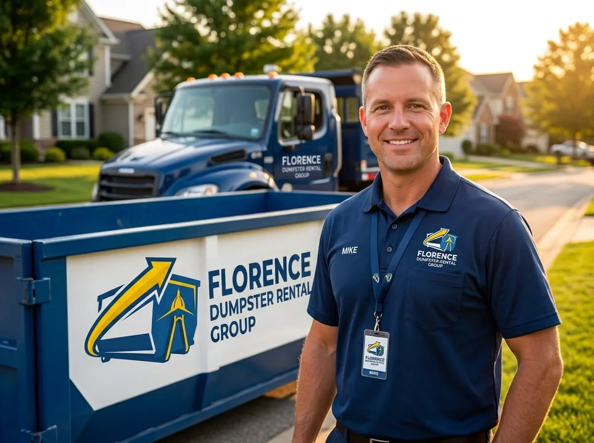 The Florence Dumpster Rental Group crew standing beside a roll-off truck and red dumpster in Florence, AL The Florence Dumpster Rental Group crew standing beside a roll-off truck and red dumpster in Florence, AL