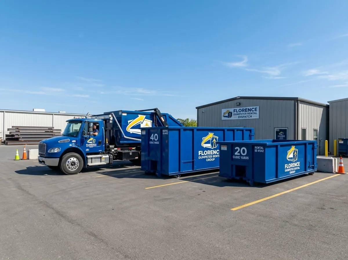 Roll-off truck with 20 and 40 yard containers marked by size in Florence, Alabama