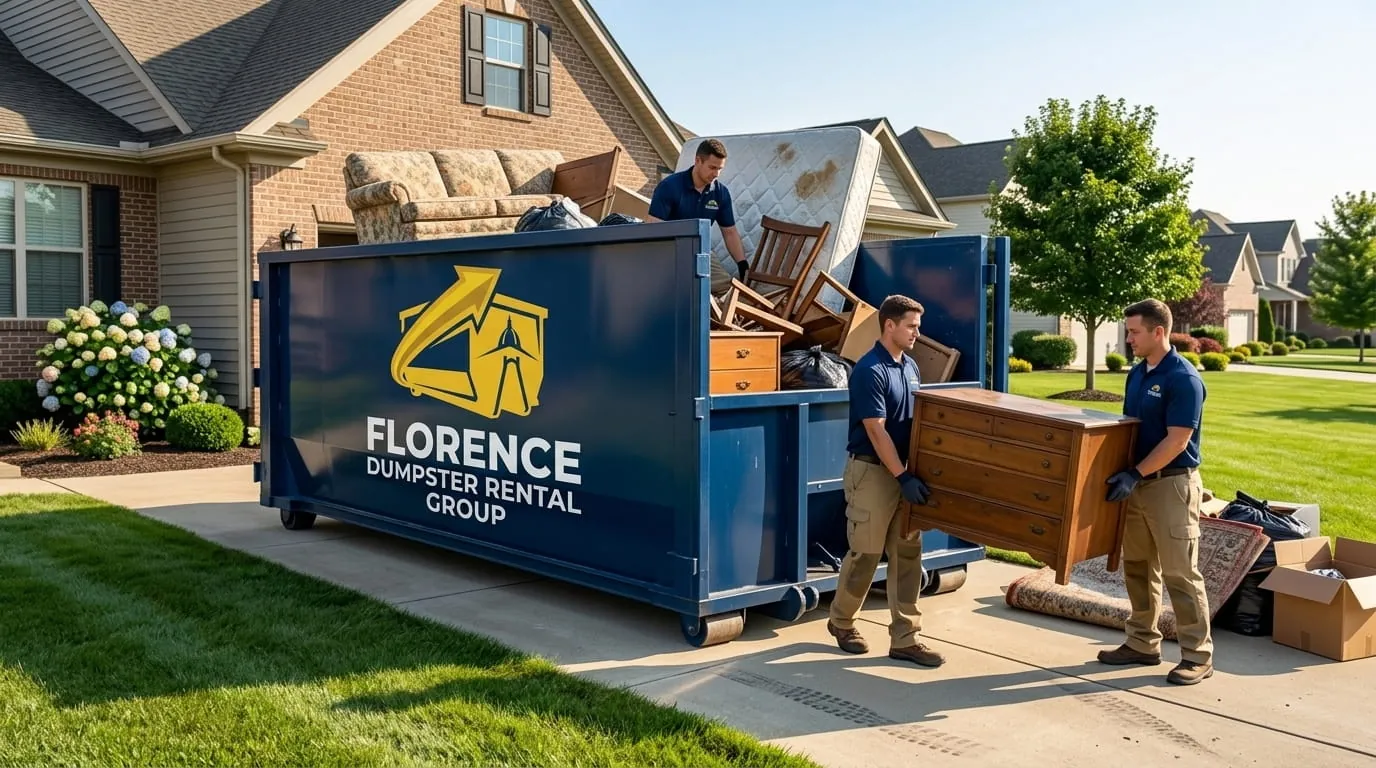 Crew loading furniture into a roll-off dumpster during a home cleanout in Florence, Alabama