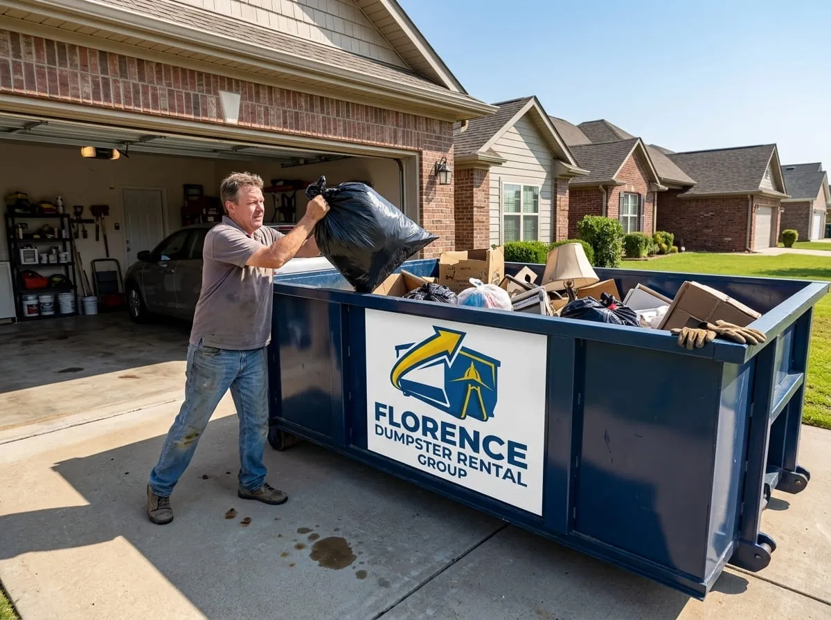 Homeowner loading bagged junk into a roll-off dumpster at a garage in Florence, Alabama
