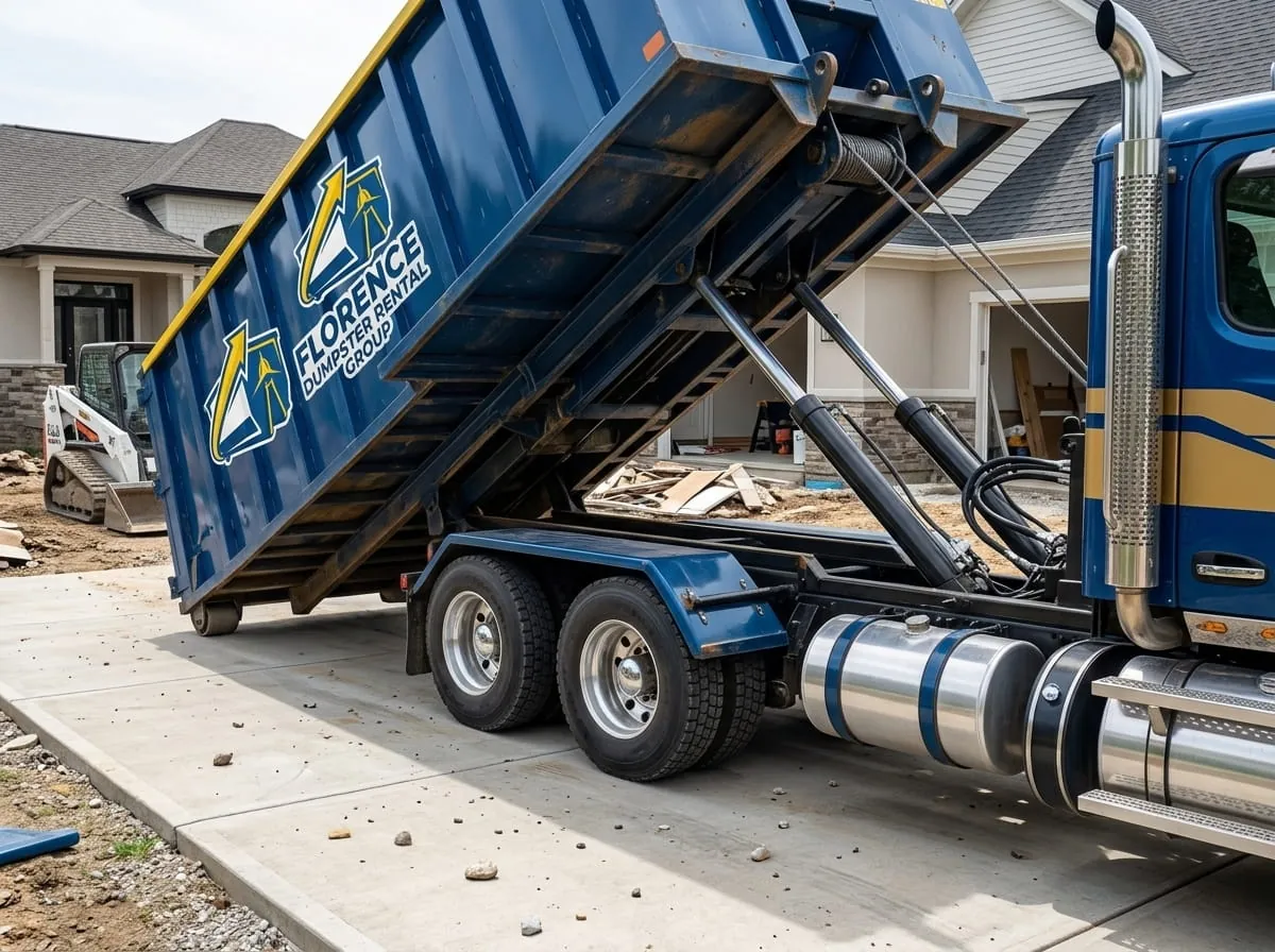 Roll-off truck tipping a container into place in Florence, Alabama