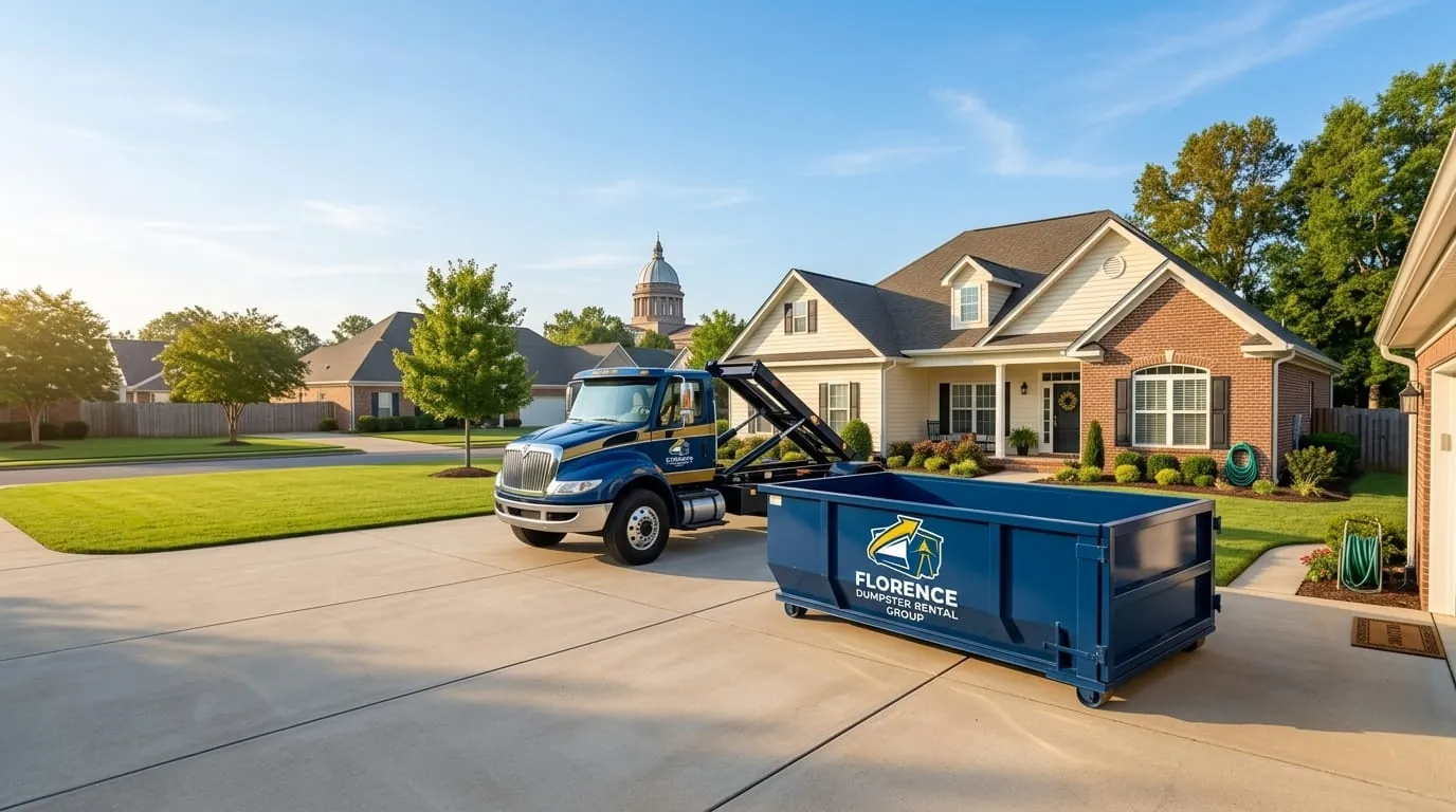 Roll-off truck and container on a tree-lined residential street in Florence, Alabama